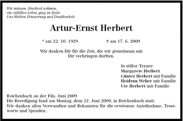 Herbert Artur Ernst 1929-2009 Todesanzeige